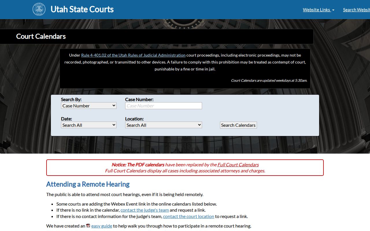 Washington County court calendar official Utah search page